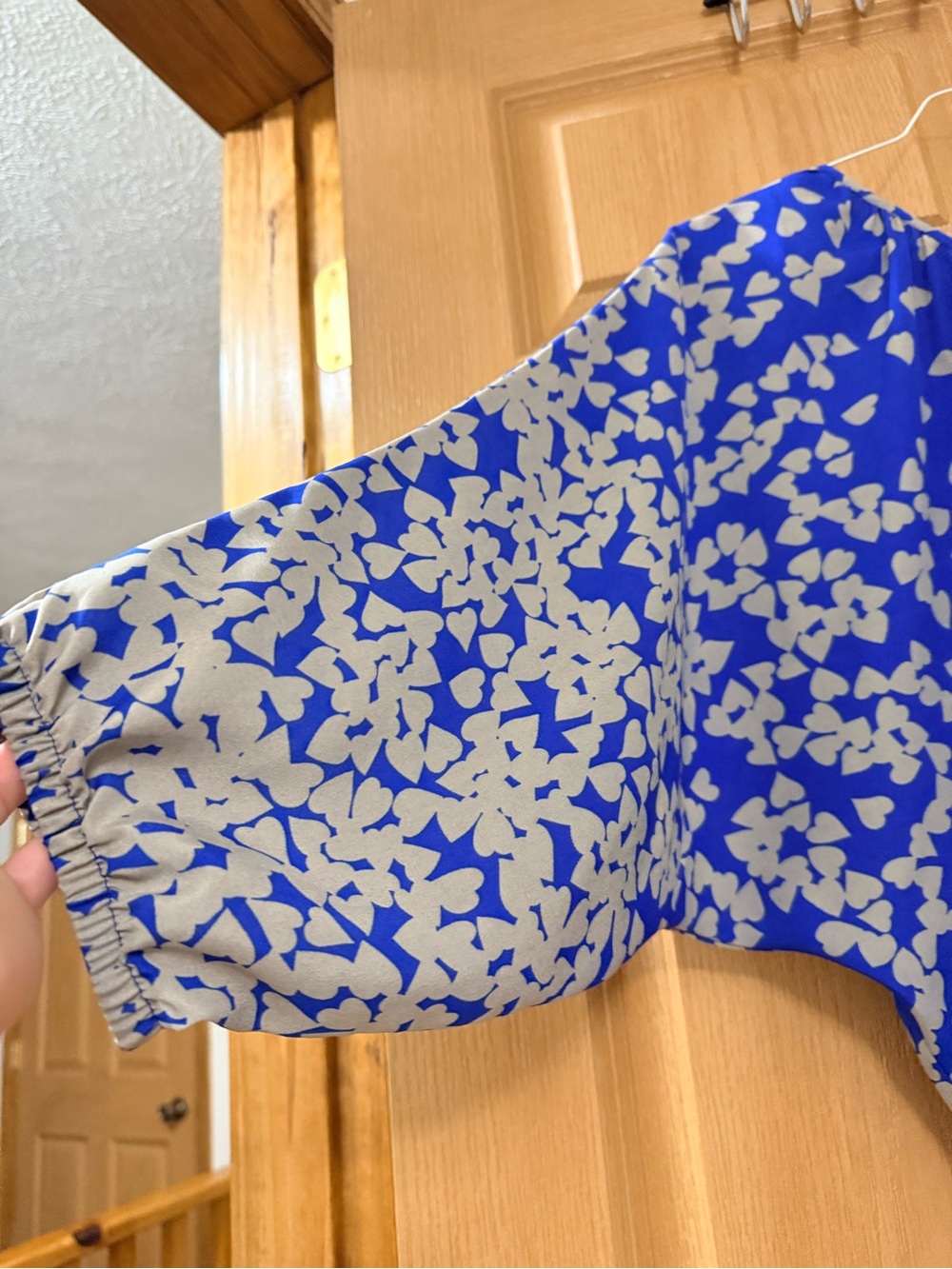Express Royal Blue and White Printed Peasant Blouse - Picture 2 of 7